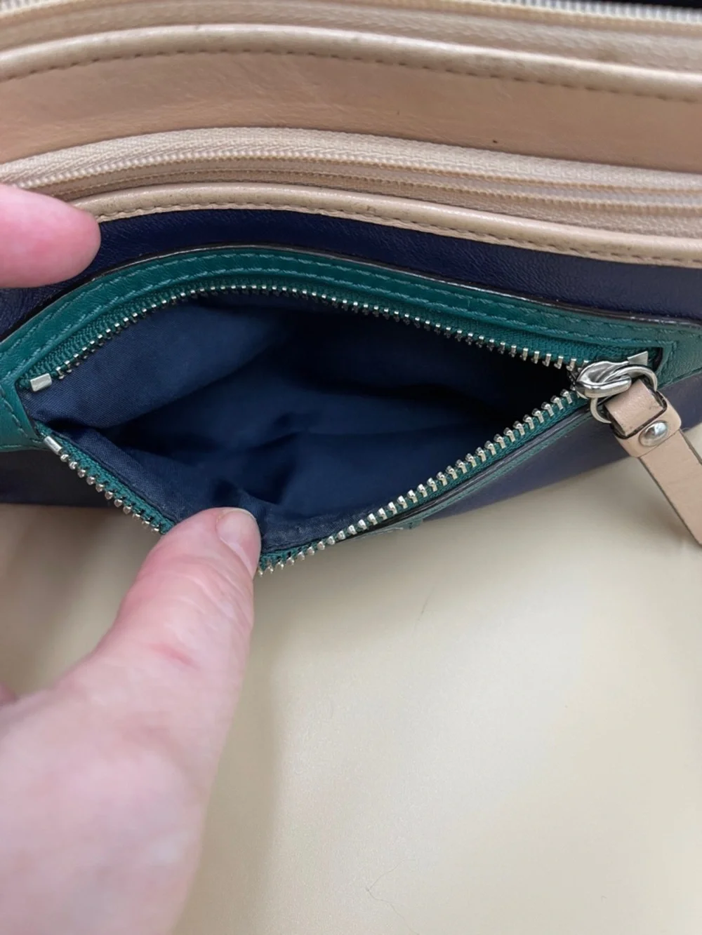 Coach Daisy Navy Teal and Beige Colorful Leather Zip Wristlet Wallet